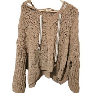 POL Chenille Long Sleeve V-neck Cable Knit Oversized Hooded Sweater Size Small